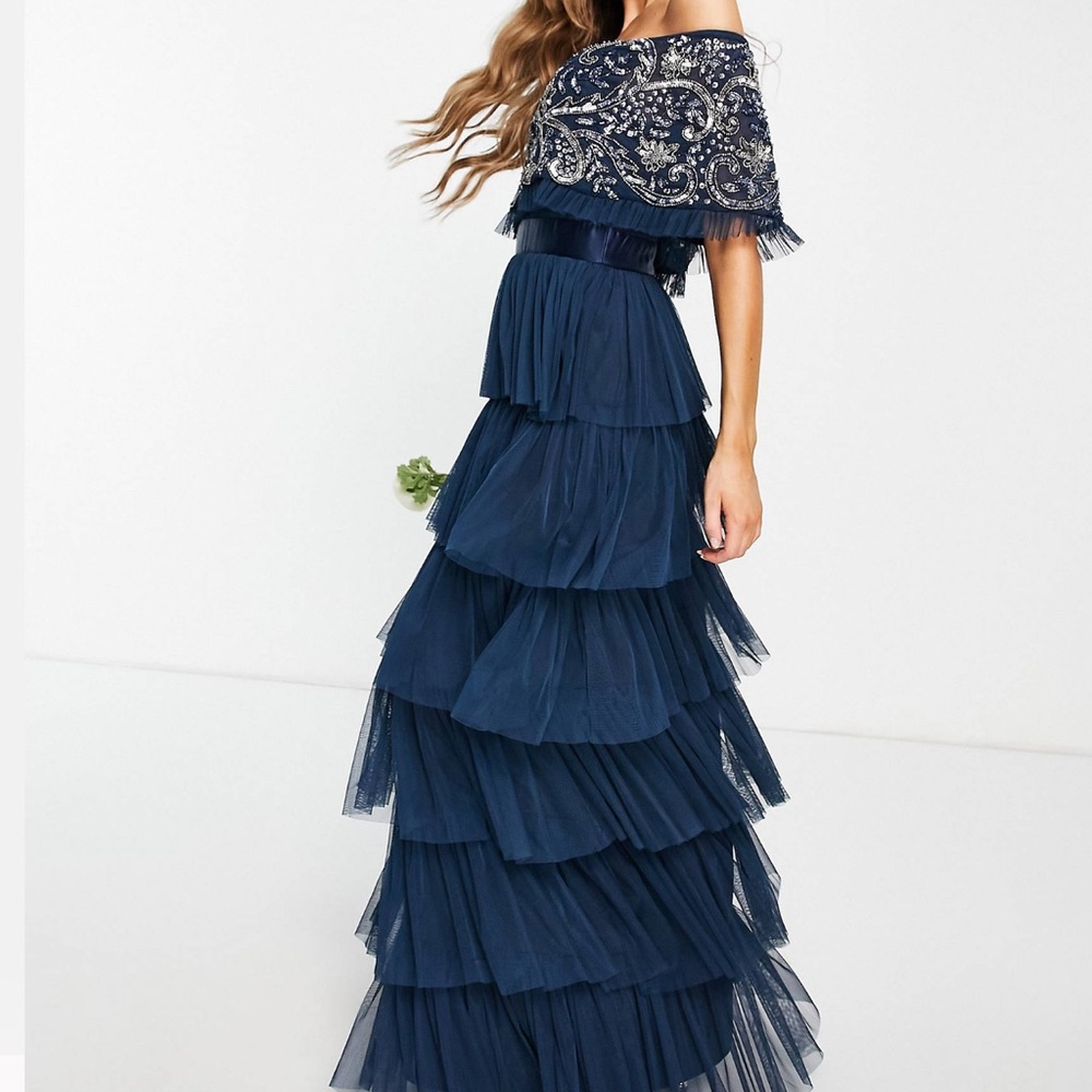 BEAUUT EMBELLISHED BARDOT TIERED TULLE MAXI DRESS
